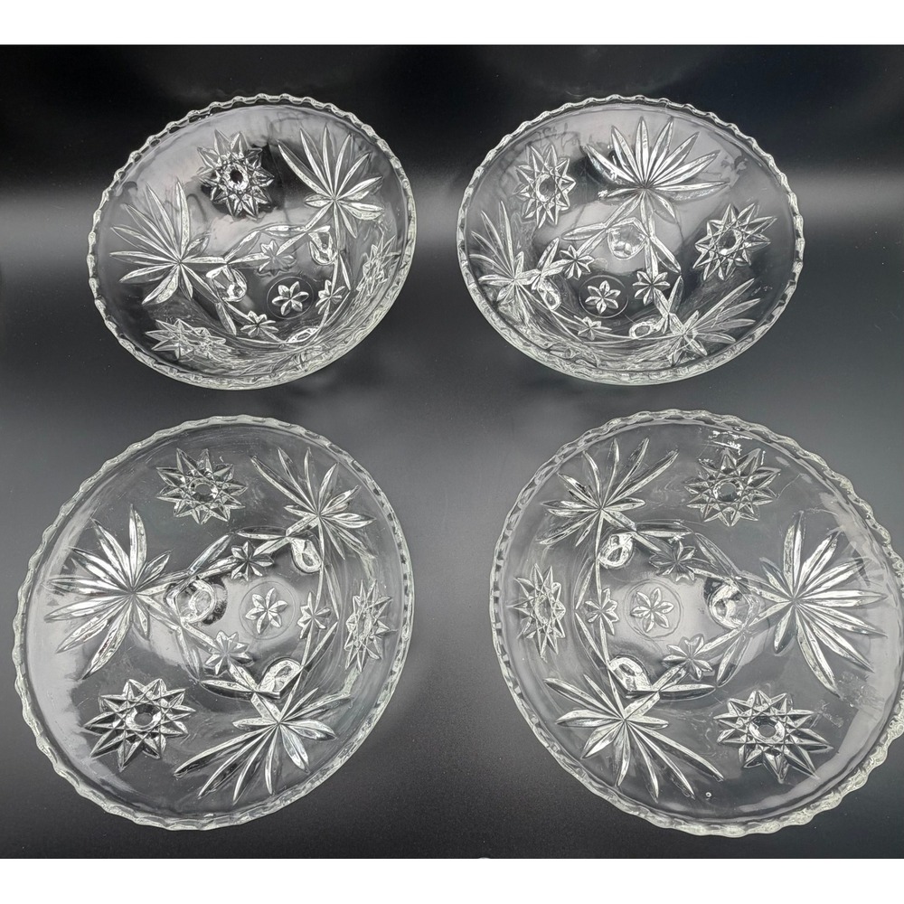 VTG Clear Pressed Glass Footed Bowls Scalloped Edge Starburst Pattern Set of 4